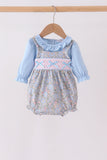Blue Floral Bow Smocked 2pc Bubble Set
