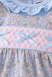 Blue Floral Bow Smocked 2pc Bubble Set