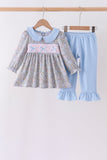 Blue Floral Bow Smocked Ruffle Pants Set