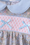Blue Floral Bow Smocked Ruffle Pants Set