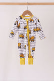 Yellow Construction Trucks Zip Bamboo Romper
