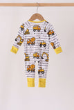 Yellow Construction Trucks Zip Bamboo Romper