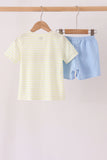 Yellow stripe pumpkin embroidery shorts set