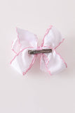 Pink santa claus embroidery crochet edge hair bow