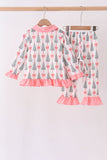 Pink Christmas Tree Bow Ruffle Pajama Set