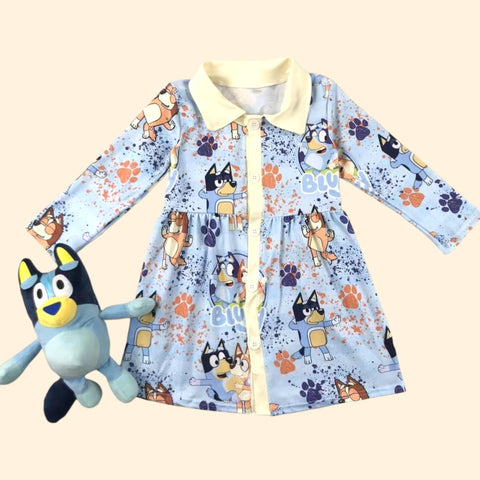 Blue Dog Button Front Dress