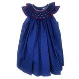 Dress with Bishop Smocking in Navy Dot Fabric