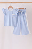 Blue polka dot pocket ruffle pants set