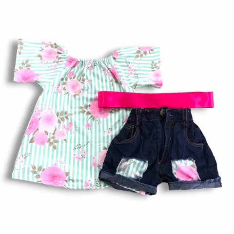 Striped Floral Denim Shorts Set