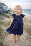 Dress with Bishop Smocking in Navy Dot Fabric