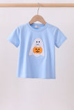 Blue ghost pumpkin embroidery top