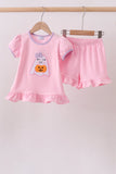 Pink ghost pumpkin embroidery ruffle shorts set