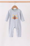 Sage turkey embroidery stripe romper