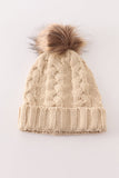 Beige pompom  cable beanie hat