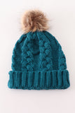 Teal pompom cable beanie hat