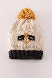 Beige pompom bee cable beanie