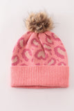 Pink pompom leopard cable beanie hat