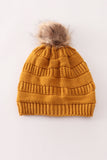 Mustard pompom cable beanie hat