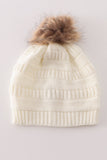 Ivory pompom cable beanie hat