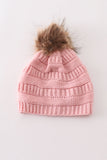 Pink pompom cable beanie hat