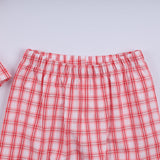 Red christmas santa claus hand smocked plaid ruffle pants set