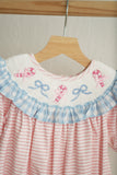 Pink candy cane bow hand smocked ruffle romper
