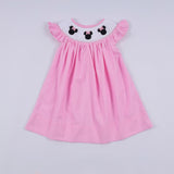 Pink character hand smocked dot ruffle dress