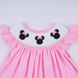 Pink character hand smocked dot ruffle pants set