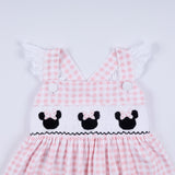 Pink character hand smocked gingham ruffle dress