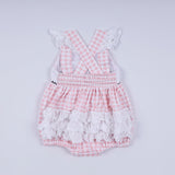 Pink character hand smocked gingham ruffle bubble