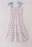 Blue floral bow print smocked mom dress