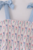 Blue floral bow print smocked mom dress