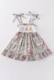 Floral print bunny embroidery smocked girl dress