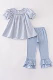 Blue woven check pumpkin embroidery girl set