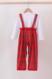 Red tree embroidery plaid jumpsuit set