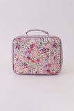 Purple floral print canvas bow lunch bag
