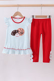 Blue stripe sports Trio applique ruffle pants set
