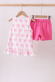 Pink bow goose applique ruffle shorts set