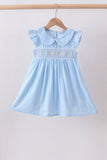 Blue floral smocked jacquard ruffle dress