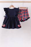Navy flag applique gingham ruffle shorts set
