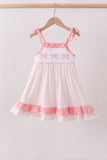 Pink bow smocked dot ruffle dress