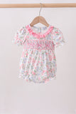 Pink floral bow smocked ruffle bubble