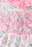 Pink floral bow smocked ruffle bubble