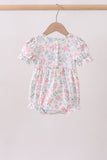 Pink floral bow smocked ruffle bubble