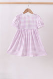 Purple floral embroidery gingham ruffle dress