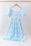 Blue rose print women dress