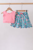 Pink&green floral bow skorts set