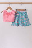 Pink&green floral bow skorts set