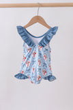 Blue strawberry bow ruffle one-piece swimsuit