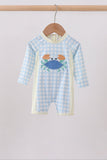 Blue crab applique plaid one-piece swimsuit